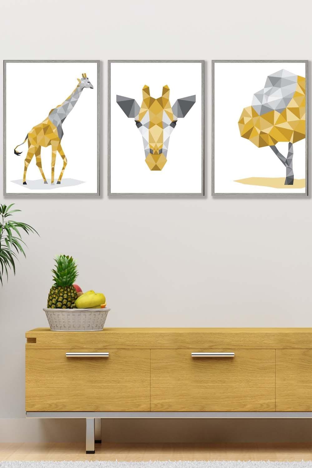 Geometric Yellow Grey Giraffe Set Framed Wall Art - Large